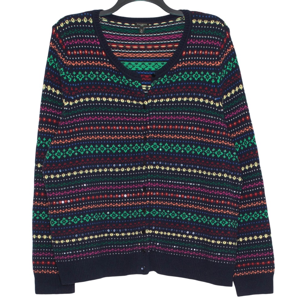 Talbots Cardigan Lambswool Fair Isle Nordic Sequin Holiday Striped Colorful 3X